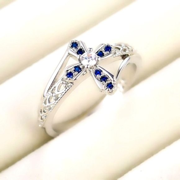 New Beautiful 925 Silver Sim. Blue Sapphire Diamond Ring - Picture 1 of 5